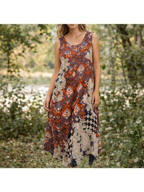Soft Surroundings Boho Patchwork Midi Dress Medium Cotton Colorful